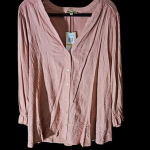NWT Democracy Blush Button-Up Embroidered Blouse